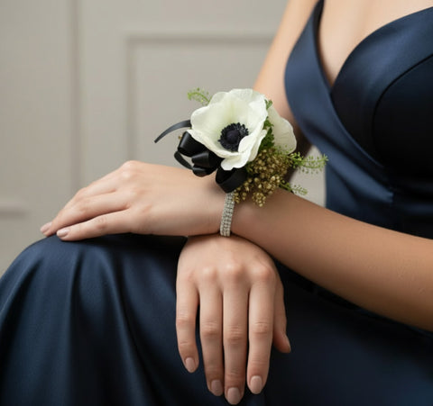 Person wearing a floral wrist corsage and bracelet on a neutral background