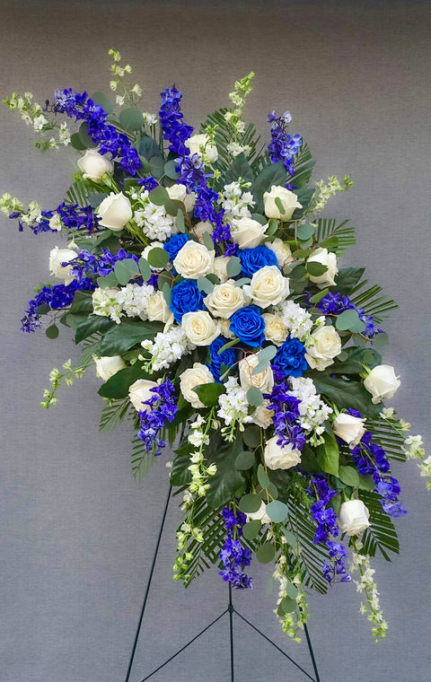 #265 Blue Serenity Standing Spray – Elegant Blue and White Side Arrangement (Buy Two for a Symmetrical Display)