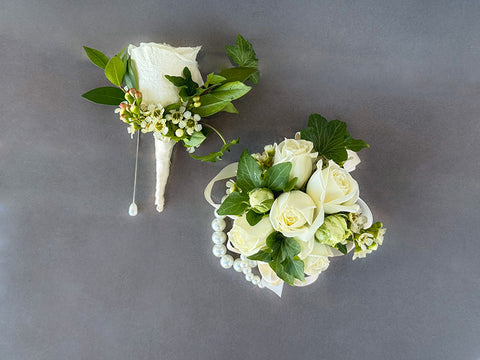 Classic White Rose Corsage & Boutonniere – Fresh Flowers