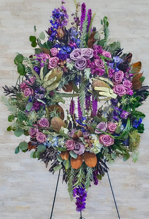 #281 Luxury Eternal Circle Wreath | Purple Rose & Banksia Standing Funeral Tribute
