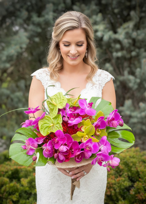Vibrant Tropical Orchid Bridal Bouquet | Hot Pink & Lime Green Wedding Flowers Denver