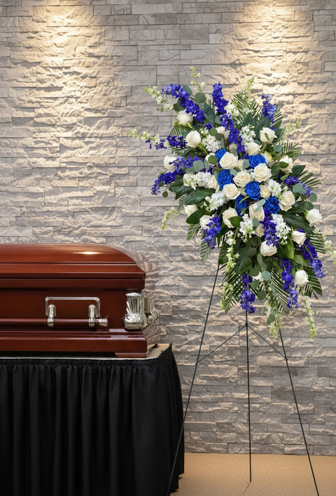 #265 Blue Serenity Standing Spray – Elegant Blue and White Side Arrangement (Buy Two for a Symmetrical Display)