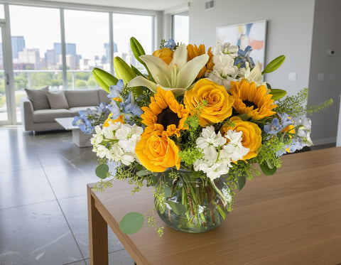 Golden Glow Summer Floral Centerpiece – Sunflowers, Yellow Roses & White Lilies in Glass Vase