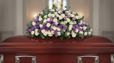 #33 Elegant White Rose & Lavender Stock Full Casket Spray