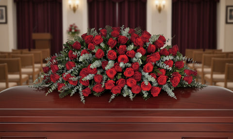 #41 Classic Red Rose & Spiral Eucalyptus Full Casket Spray