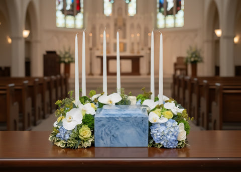 #91p Luminous Remembrance Custom Urn Wreath with Candles91p