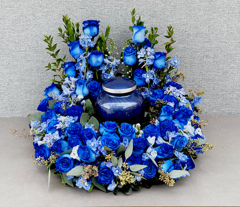 Blue Rose Urn Wreath – Custom Funeral Flowers for Colorado Services