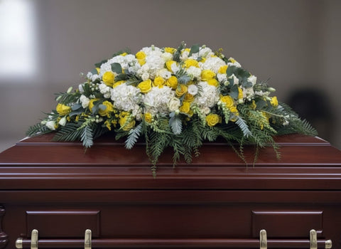 #277Radiant Yellow Rose & White Hydrangea Casket Spray | Uplifting Funeral Flowers
