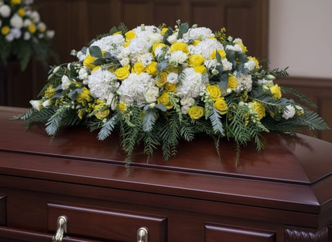 #277Radiant Yellow Rose & White Hydrangea Casket Spray | Uplifting Funeral Flowers